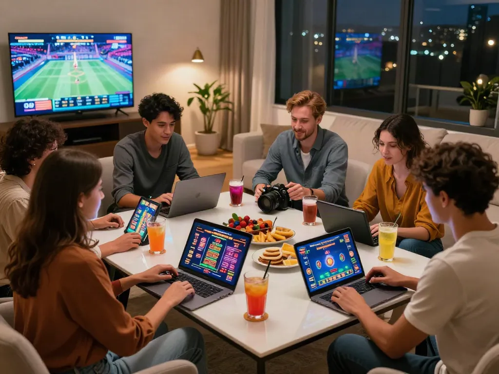 Friends playing at online casinos not on gamstop uk in a cozy living room.