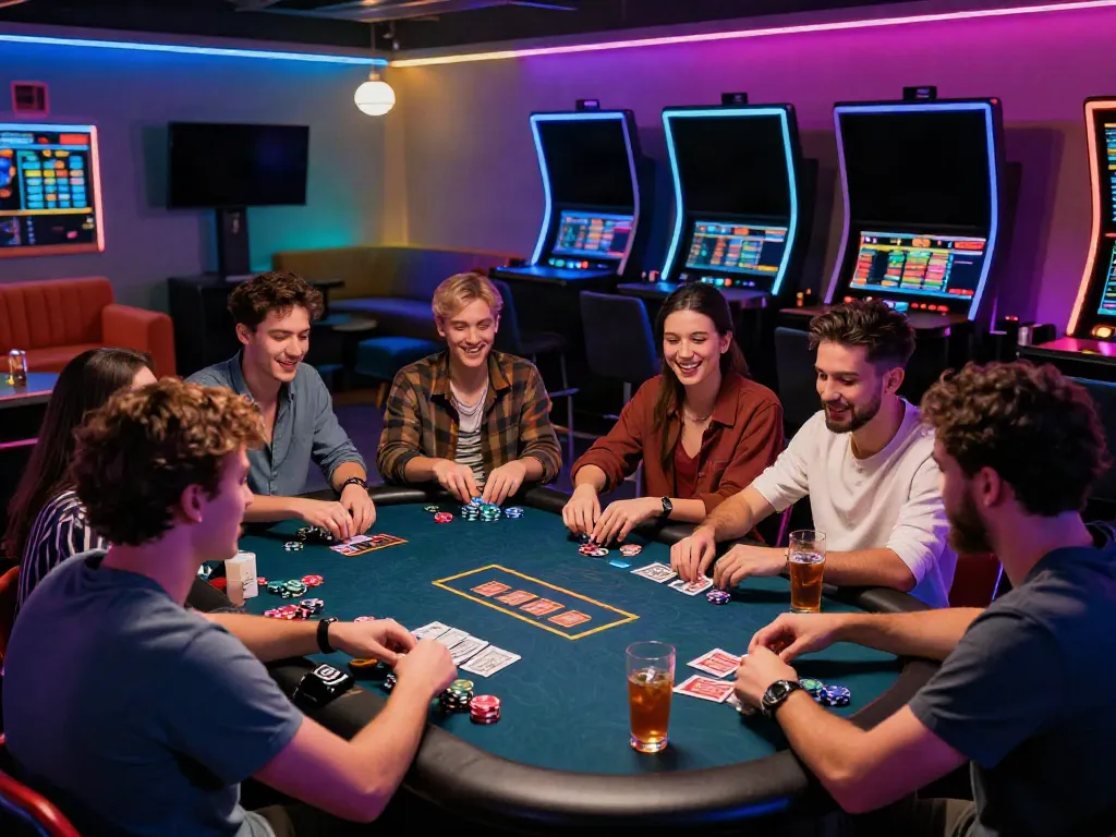 Casinos not on gamstop uk scene with friends enjoying vibrant gaming atmosphere