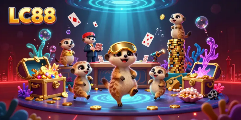 LC88 gaming scene with meerkats running a vibrant casino operation, filled with treasure and games.