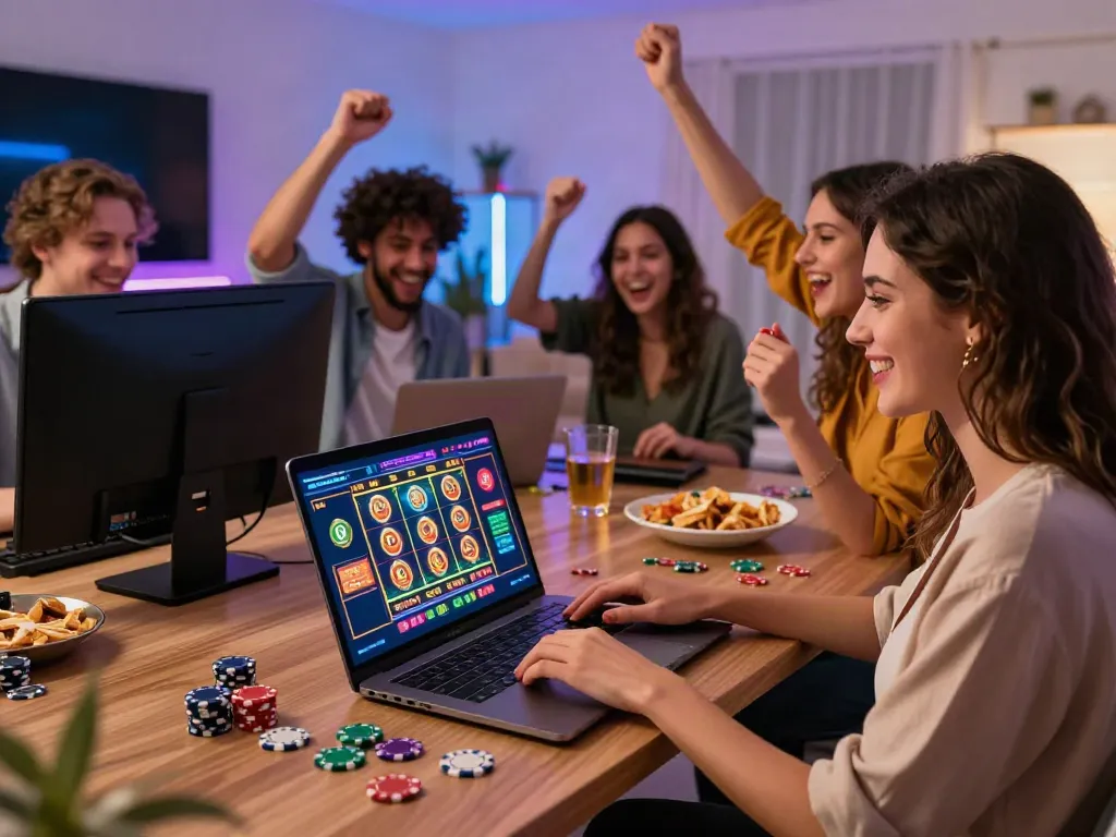 Group of friends celebrating at home gaming setup with online casinos not on GamStop UK, showcasing a festive atmosphere.