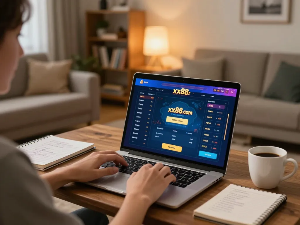 Player engaging with xx88.com on a laptop in a cozy home setting, showcasing online poker gameplay.