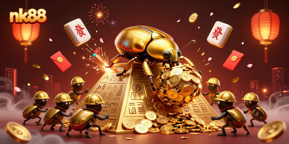Experience the thrill of nk88 with a golden beetle rolling coins in an energetic casino scene.