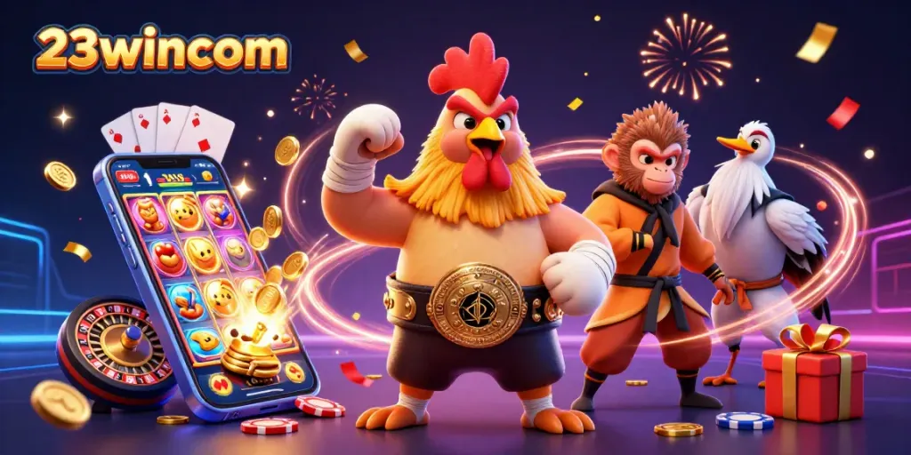 Engage with exciting casino action featuring 23wincom characters, a golden rooster, and festive game elements.