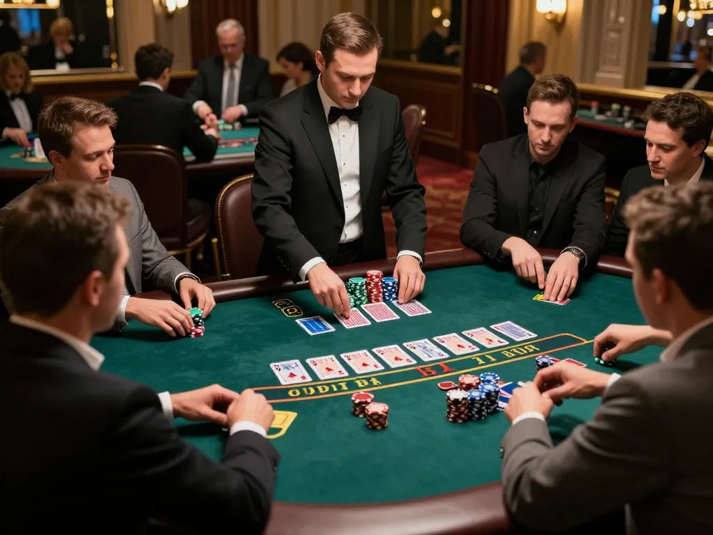 Experience high-stakes blackjack gameplay at 79king-vn casino, players concentrate on winning.