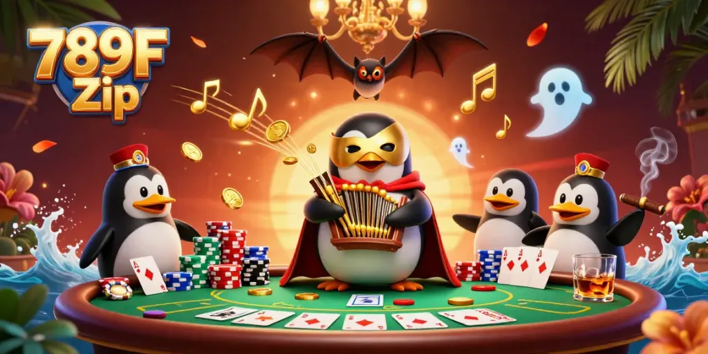 Experience the thrill of 789F Zip with a vibrant casino scene featuring a phantom penguin and poker elements.