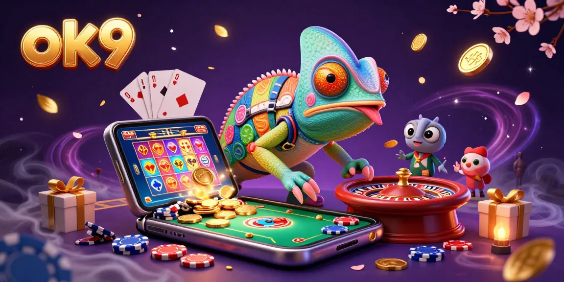 Experience thrilling gameplay with ok9's vibrant chameleon casino owner amid golden coins and dynamic slot games.