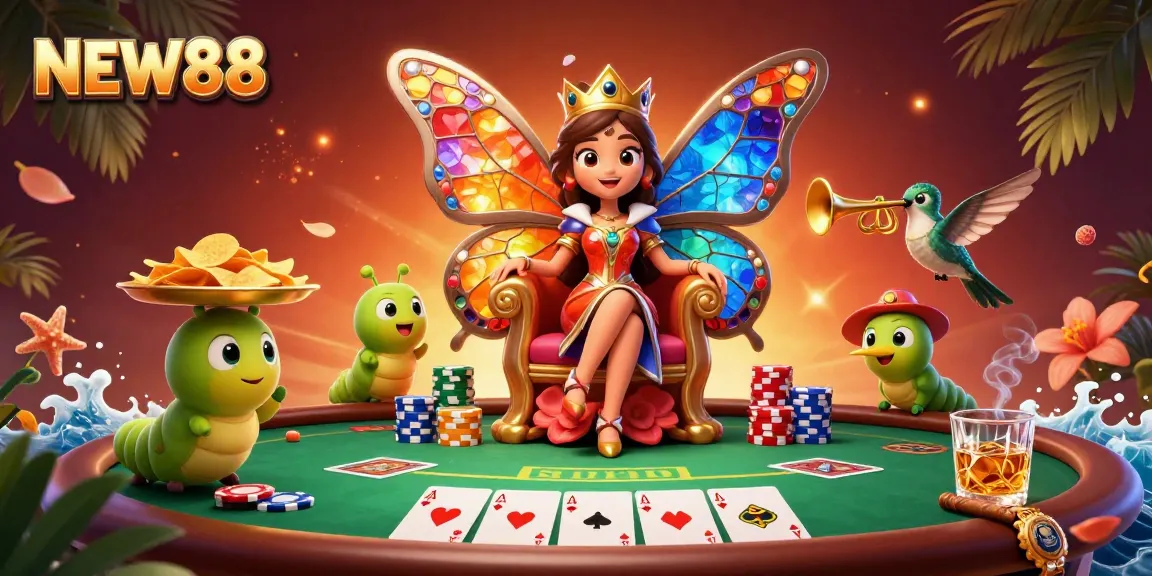 Experience interactive gameplay at NEW88 with vibrant casino illustrations, featuring dynamic poker scenes.