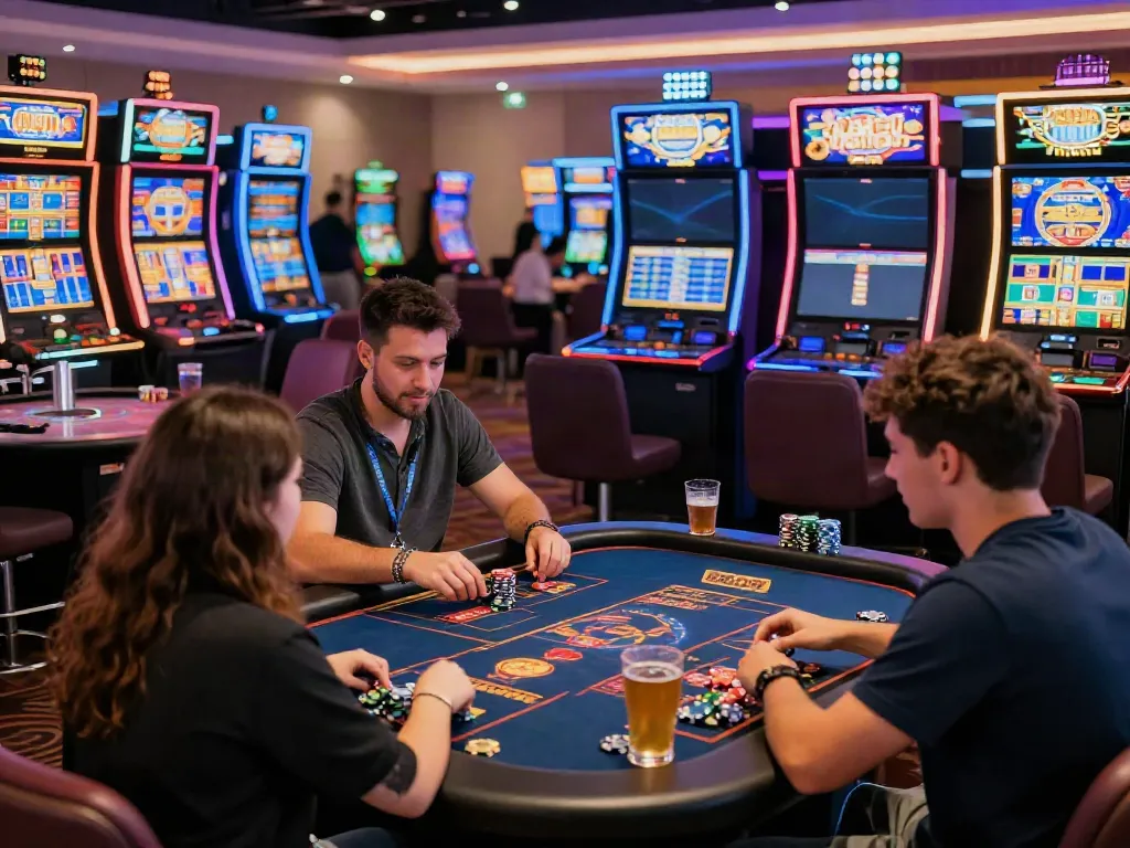 Players engaging at casinos not on gamstop uk, celebrating wins with bright lights and vibrant décor.