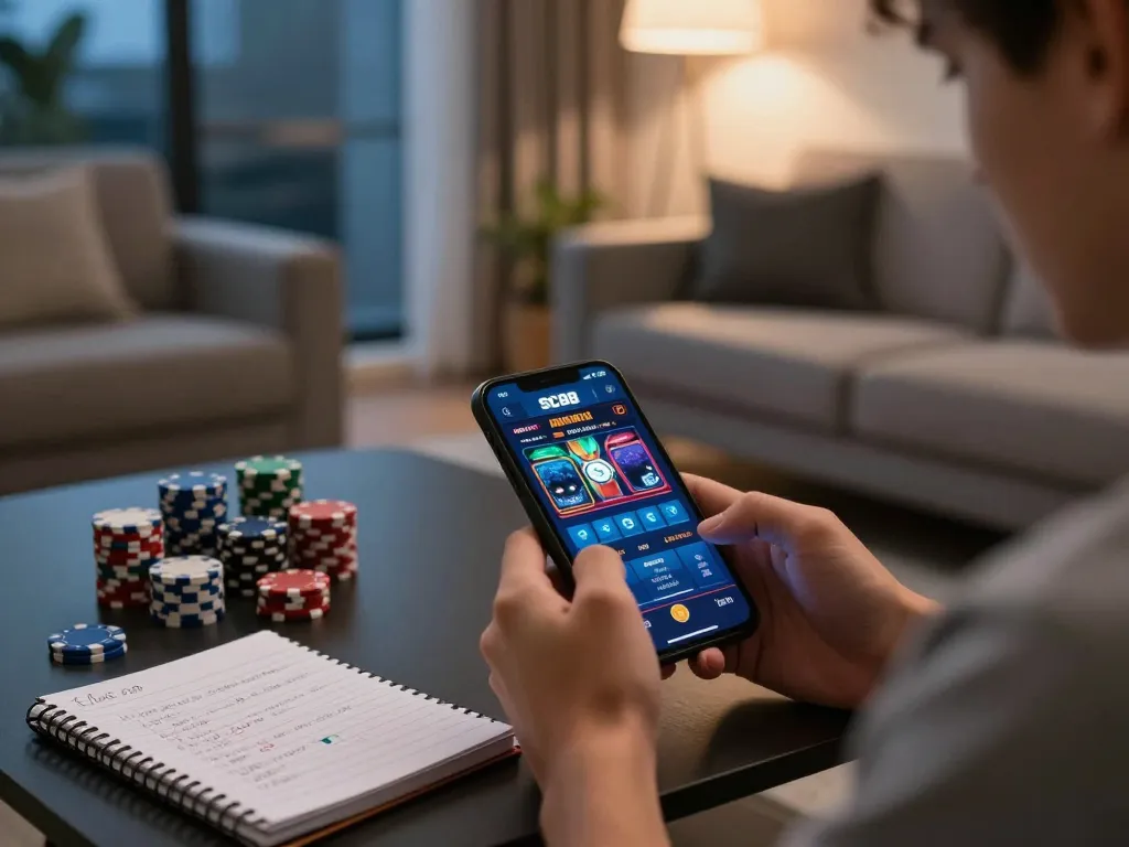 Engaging player enjoying SC88 Game on smartphone in cozy living room setting.