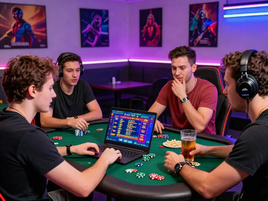 Friends exploring casinos not on Gamstop UK at a vibrant gaming table with laptops and snacks.