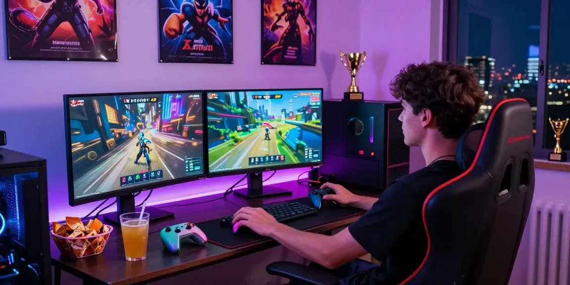 Immerse in xxx games in a cozy gaming room with vibrant lighting and tech setup