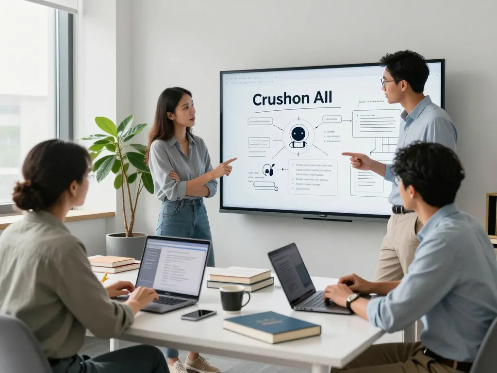 Team collaborating on Crushon AI project in modern office environment.