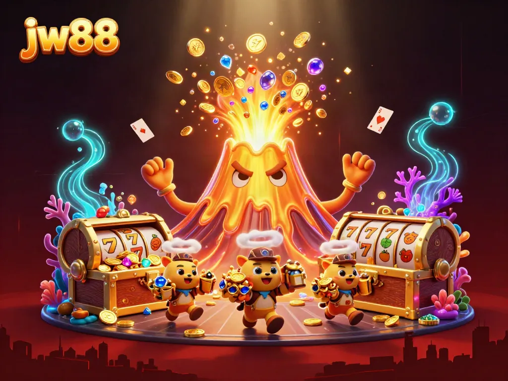 Experience thrilling jackpot wins with jw88, featuring an erupting volcano and treasures in a vivid casino scene.