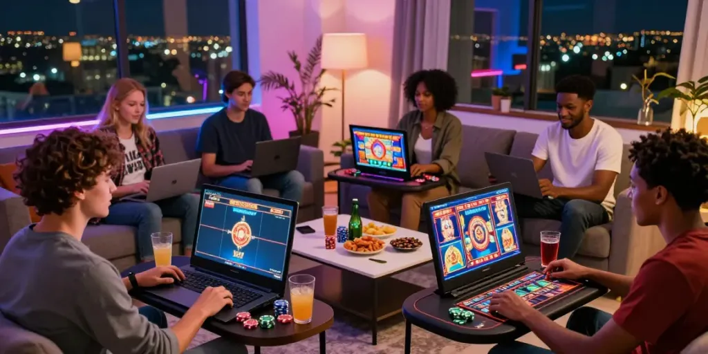 Friends enjoying casinos not on gamstop uk in a lively home setting