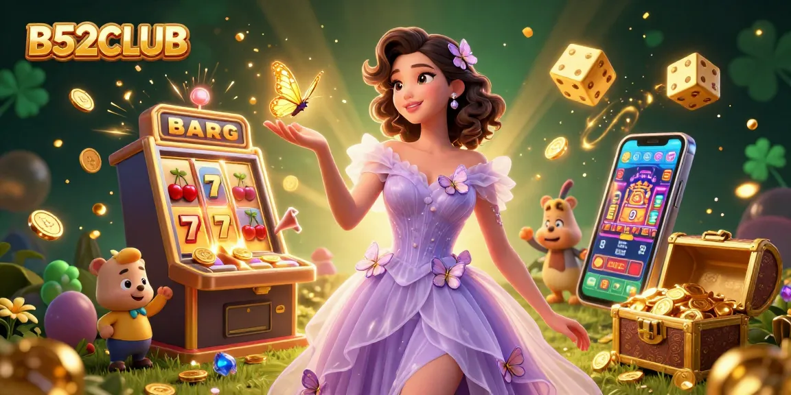 B52CLUB offers thrilling slots and casino games, featuring a stunning Asian woman amidst golden coins and jackpot symbols.