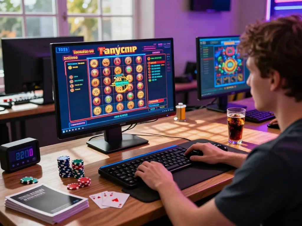 Engaging user experience at casinos not on GamStop UK, featuring vibrant gaming setup with slots and casino elements.