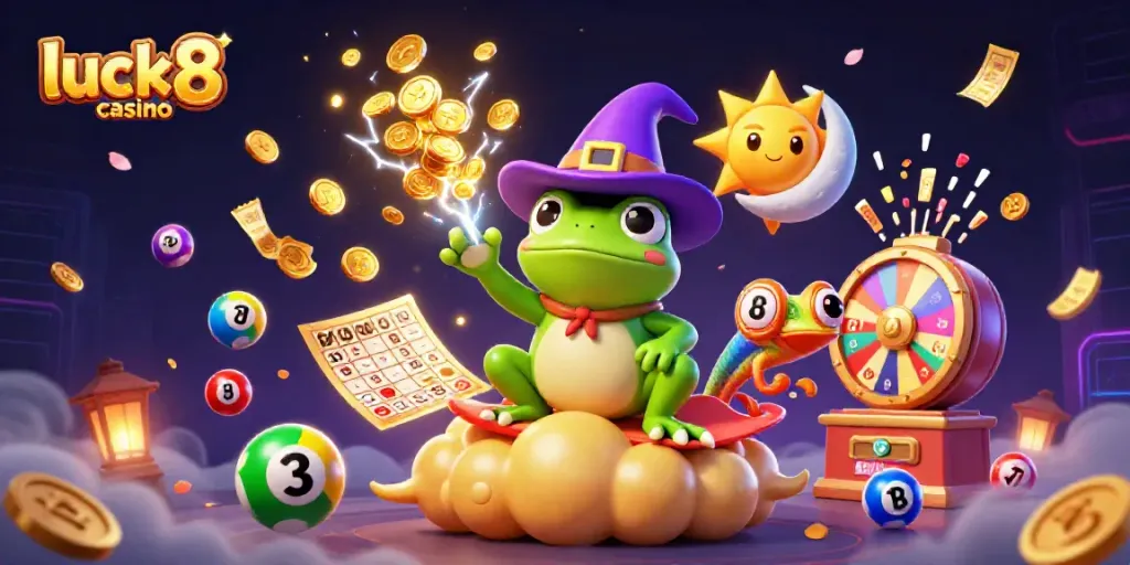 Experience the thrill of luck8 casino with animated characters amidst a vibrant, dynamic gambling scene.