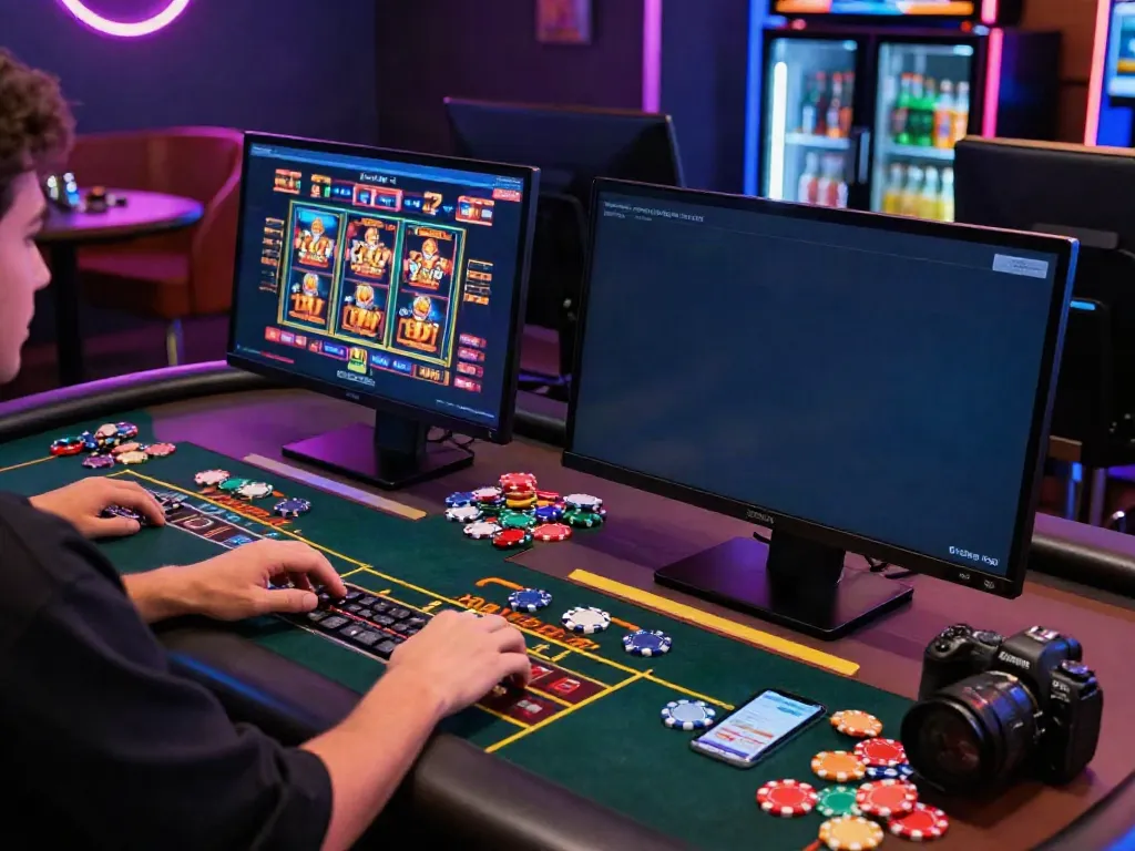 Exciting gaming setup highlighting casinos not on Gamstop UK with vibrant slot games and casino chips on a stylish desk.