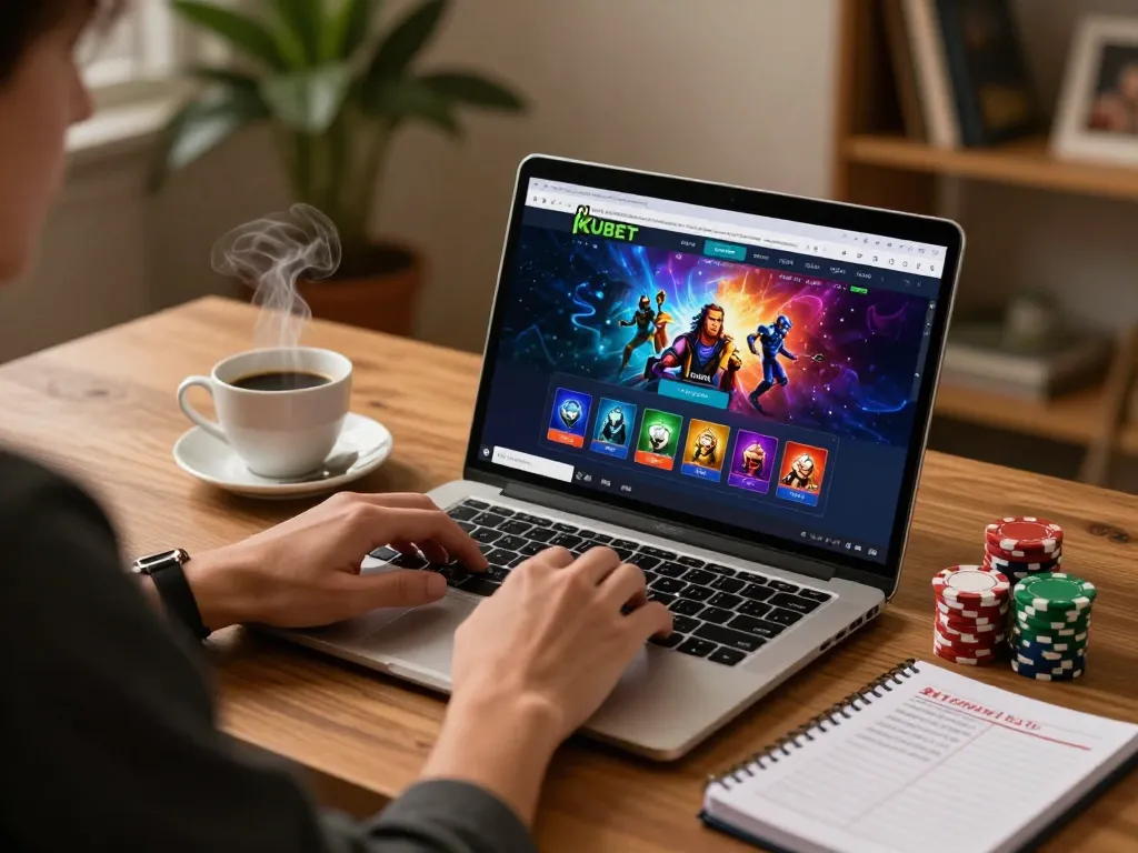 KUBET online casino gaming experience on a laptop with strategy notes nearby