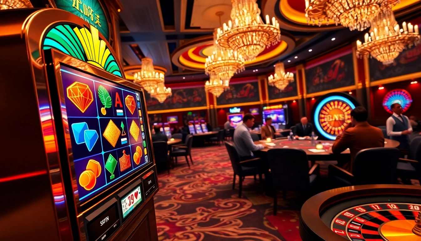 Nổ hũ Sunwin slot machine in a vibrant casino atmosphere with players enjoying games.