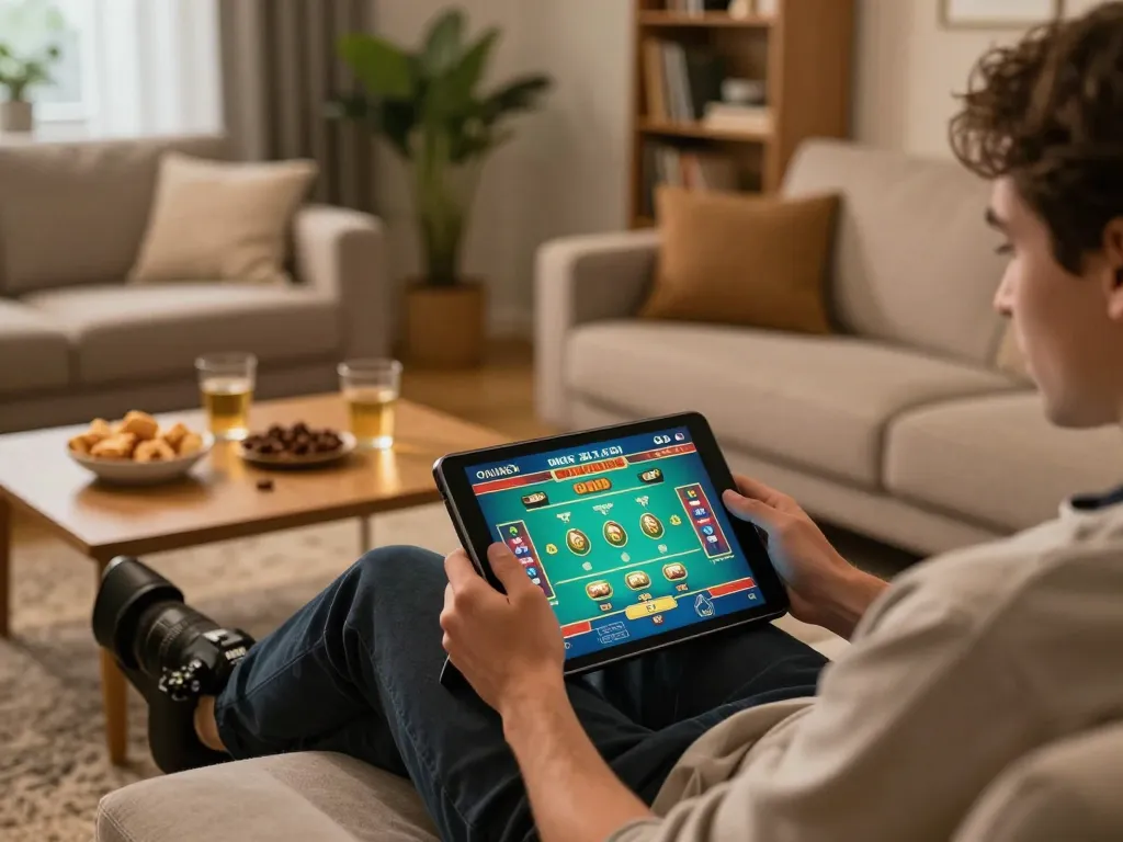 Player engaging in Tài Xỉu online gaming at home with a tablet on cozy sofa, showcasing taixiuonlinego.