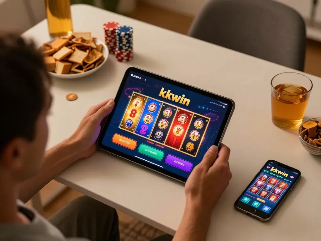 Player engaging with kkwin casino app on tablet in cozy setting.
