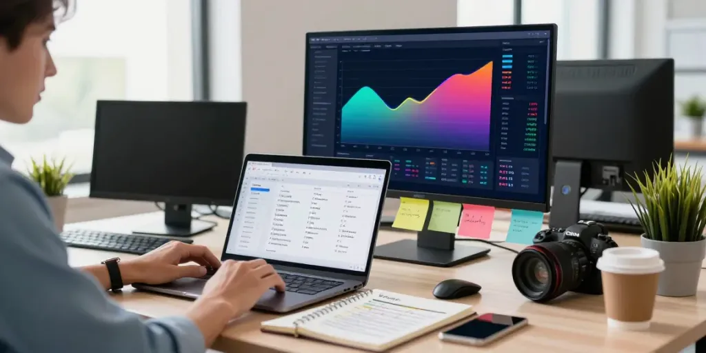Marketing expert utilizing instant indexing tools in a vibrant workspace.