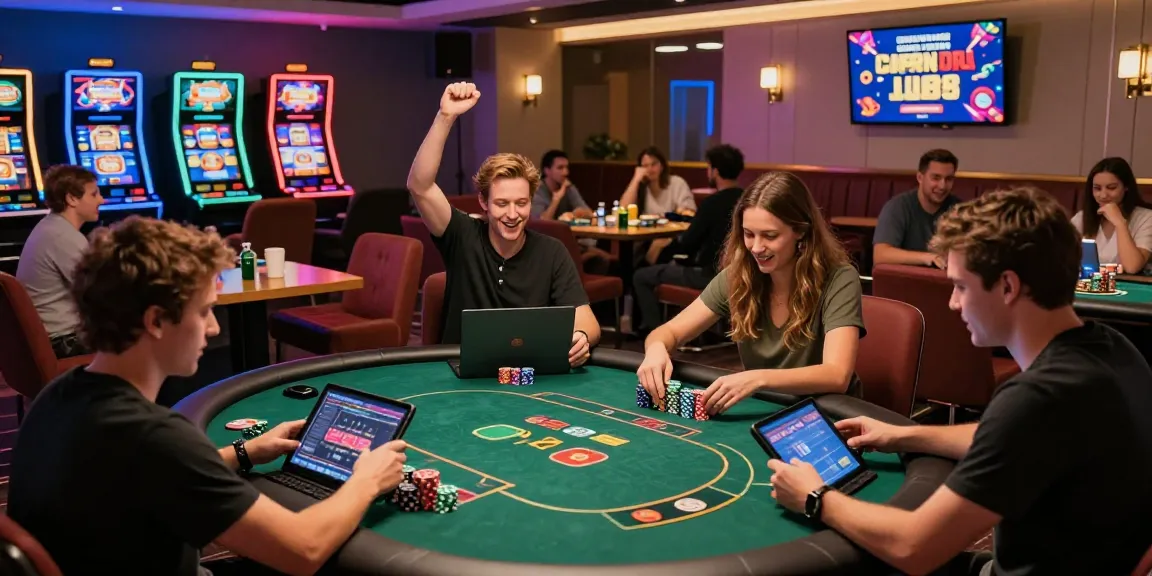 Exciting scene at a credit card casino with diverse players enjoying games, showcasing vibrant atmosphere.