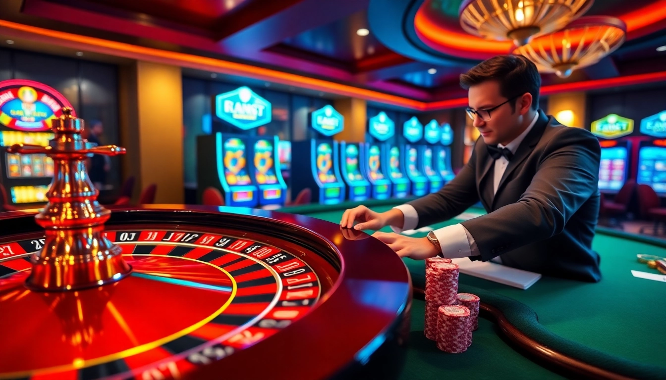 An exciting gameplay scene at 188v.com with a roulette wheel and poker table, showcasing vibrant colors and professional gaming elements.