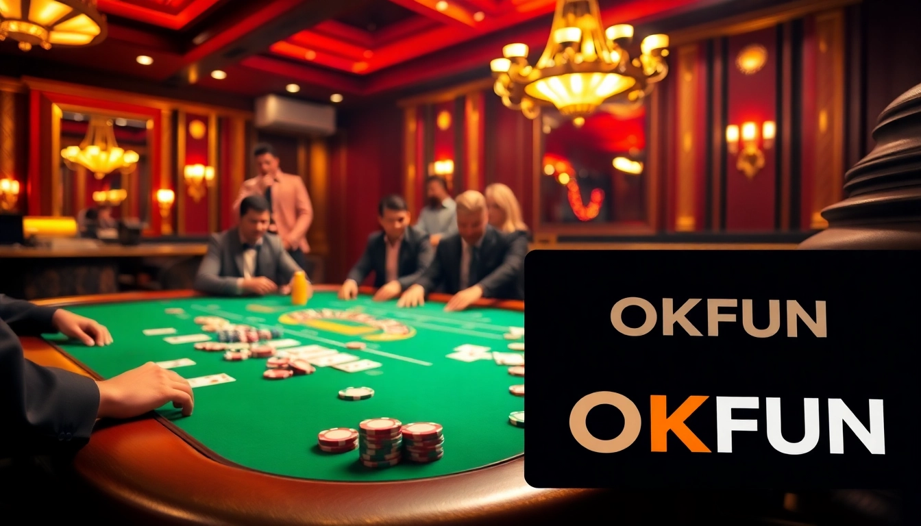 Players enjoying a thrilling game at an OKFUN casino poker table, showcasing excitement and strategy.