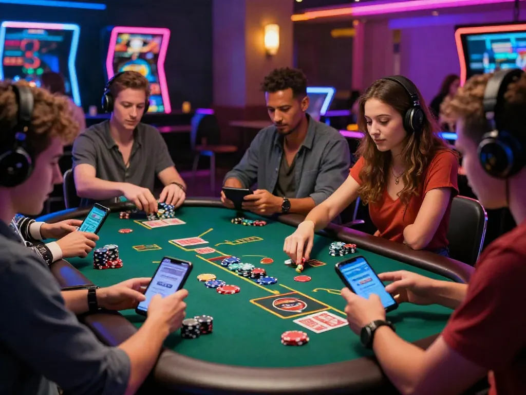 Casinos not on Gamstop UK scene showcasing young adults enjoying blackjack with vibrant casino decor.
