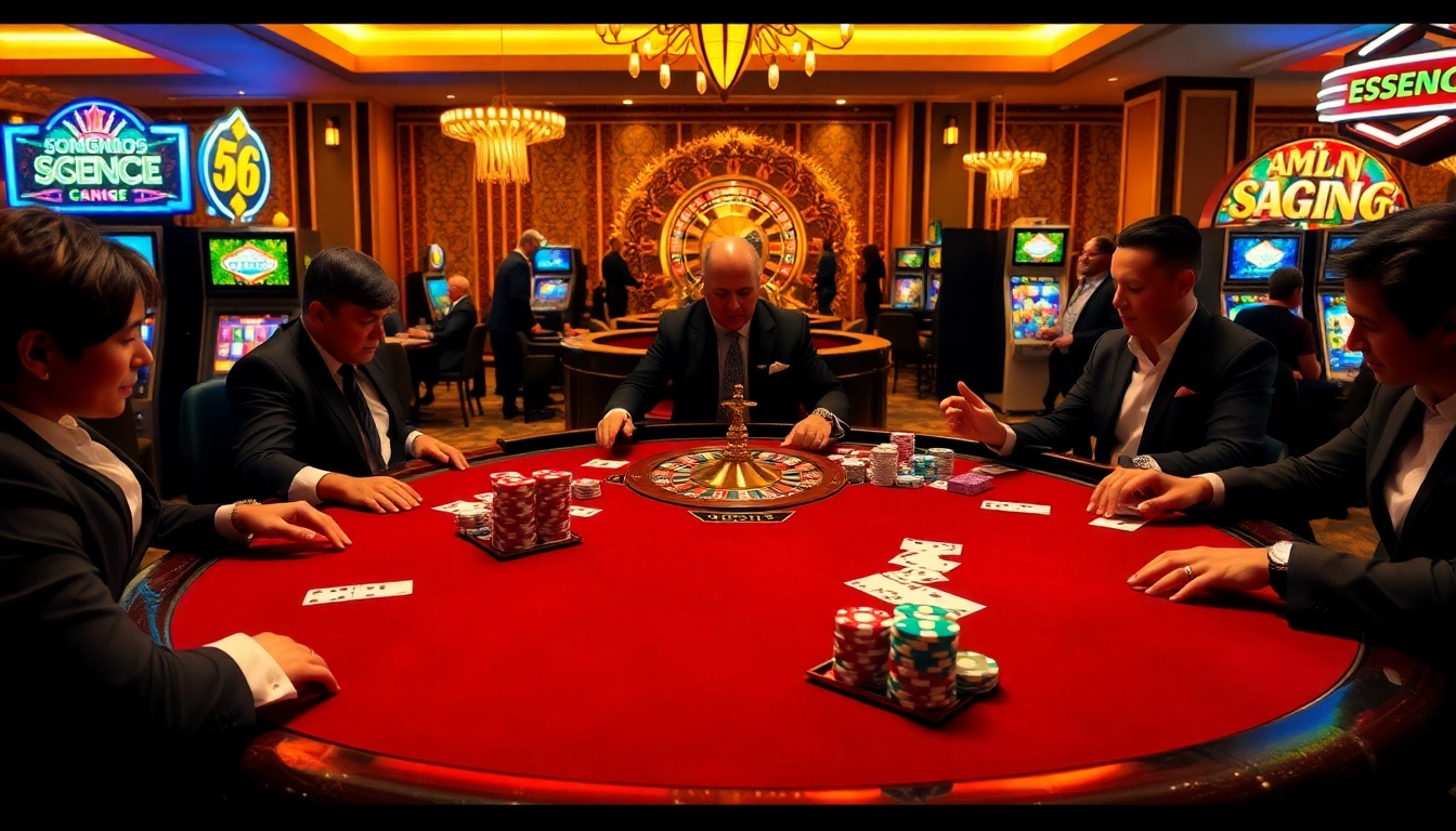 SODO66 gamblers enjoying a high-stakes poker table surrounded by vibrant chips and cards.