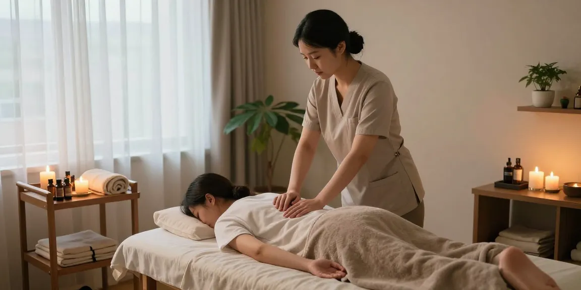 Relaxing 신촌출장마사지 therapy scene with therapist and client in tranquil spa.
