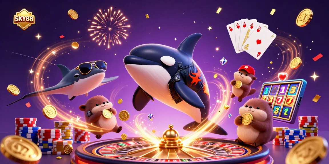 Engage in exhilarating gameplay at SKY88 with vibrant 3D casino characters celebrating wins.