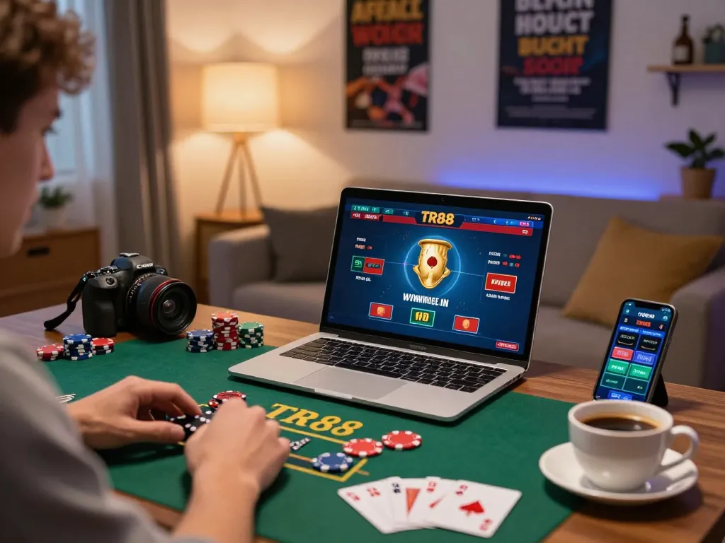 Player enjoying TR88 live casino experience at home with poker chips and laptop.