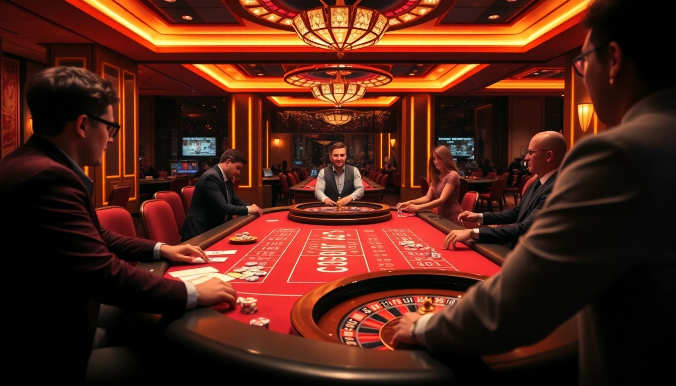 Experience the thrill of TYPHU88 as players engage with live dealers at a glamorous poker table.