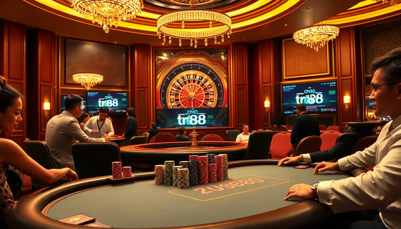 Experience high-stakes poker at tr88 with vibrant casino elements and luxurious ambiance.