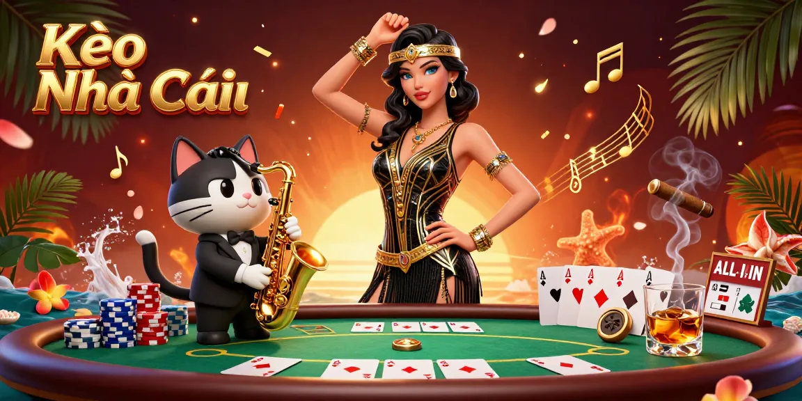 Engage with Kèo Nhà Cái through a vibrant 3D casino illustration featuring poker tables and lively characters.