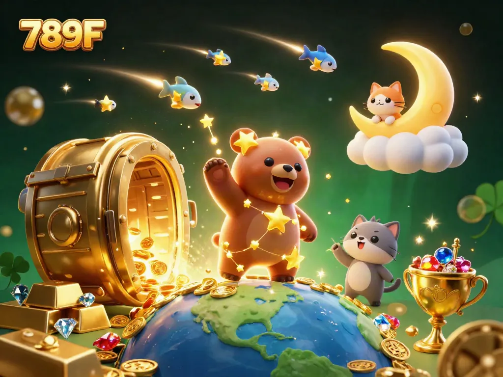 Engage in thrilling wins at 789F with golden treasures, stars, and whimsical characters in an enchanted casino scene.