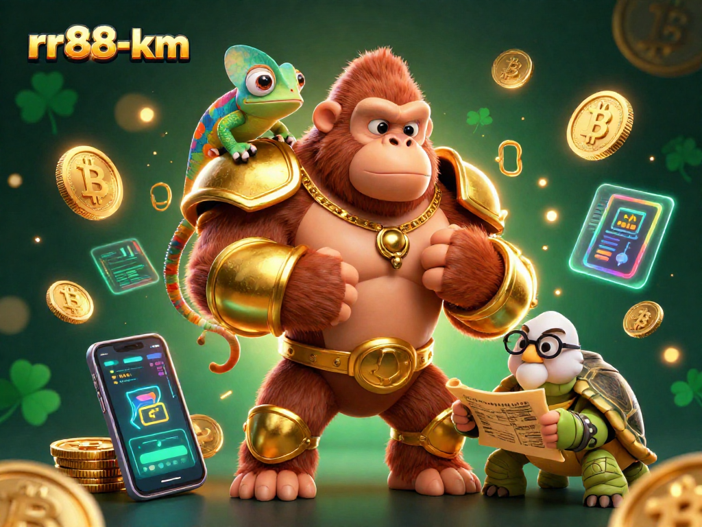 Engage with rr88-km's thrilling gaming world in a dynamic 3D display featuring vibrant characters and crypto elements.