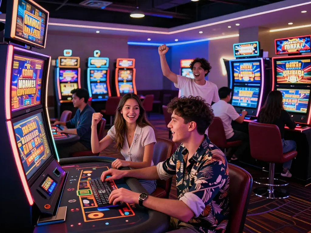 Engaging players at a lively online casino not on GamStop UK, highlighting diverse gaming options and vibrant atmosphere.