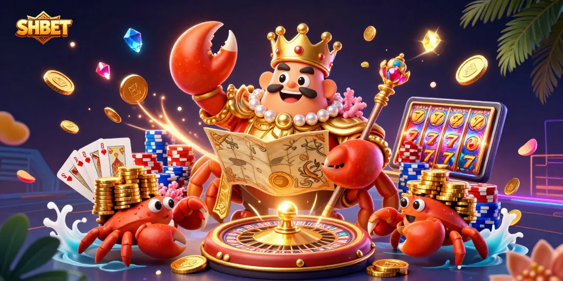 Join the fun at SHBET's casino with a golden crab emperor surrounded by riches!