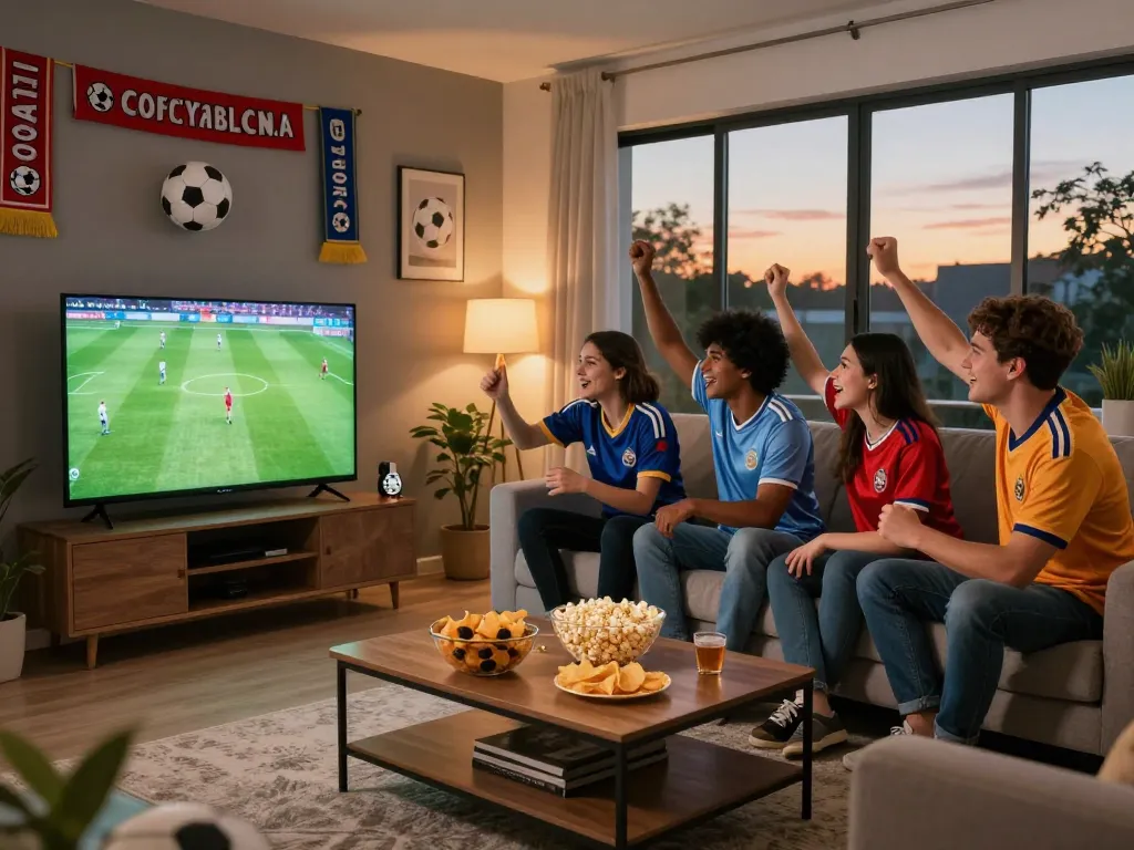 Friends watching football together at home, enjoying ดูบอล with snacks and team jerseys.