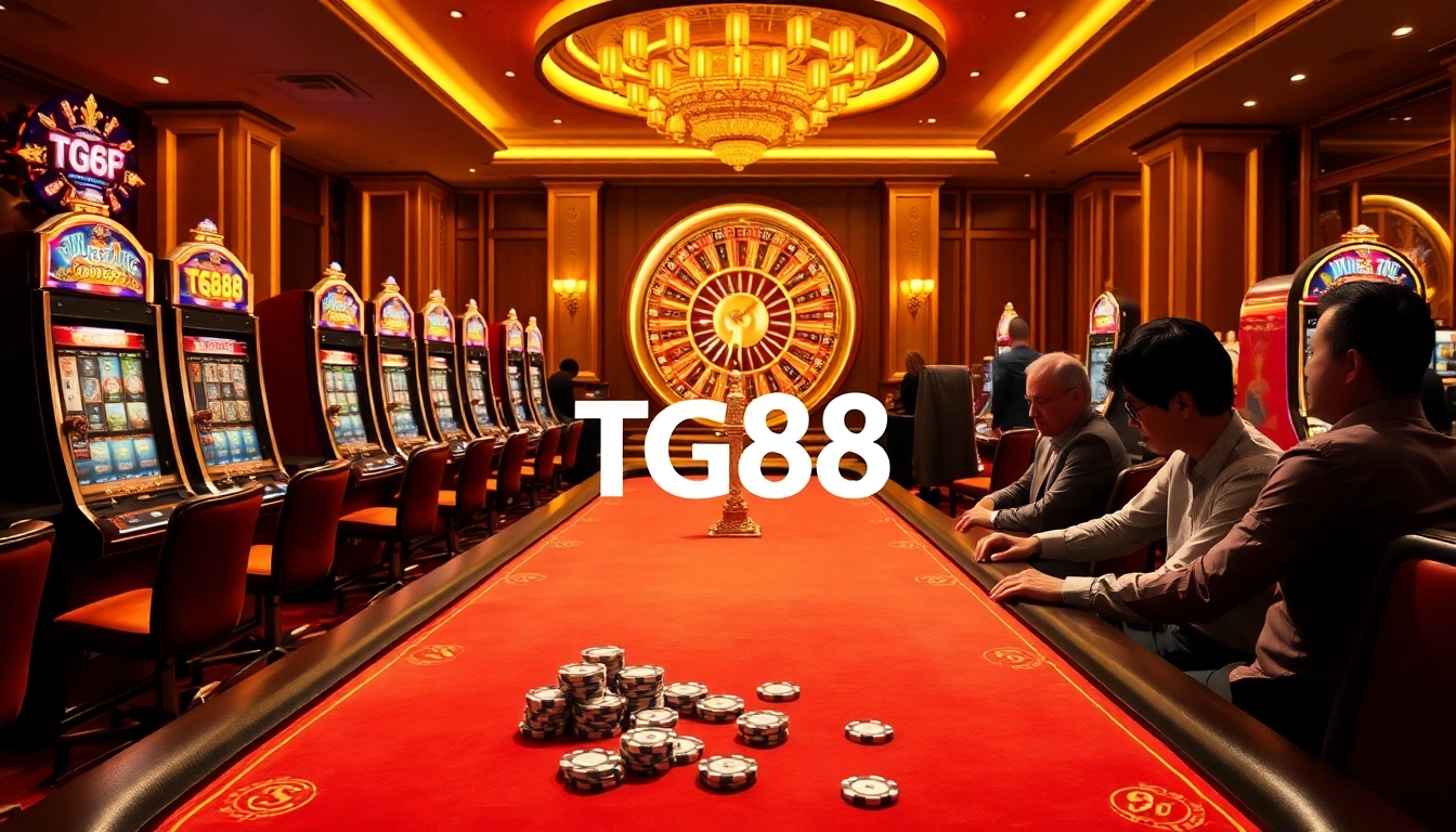 Experience the thrill at TG88 casino, showcasing vibrant slot machines and excited gamblers.