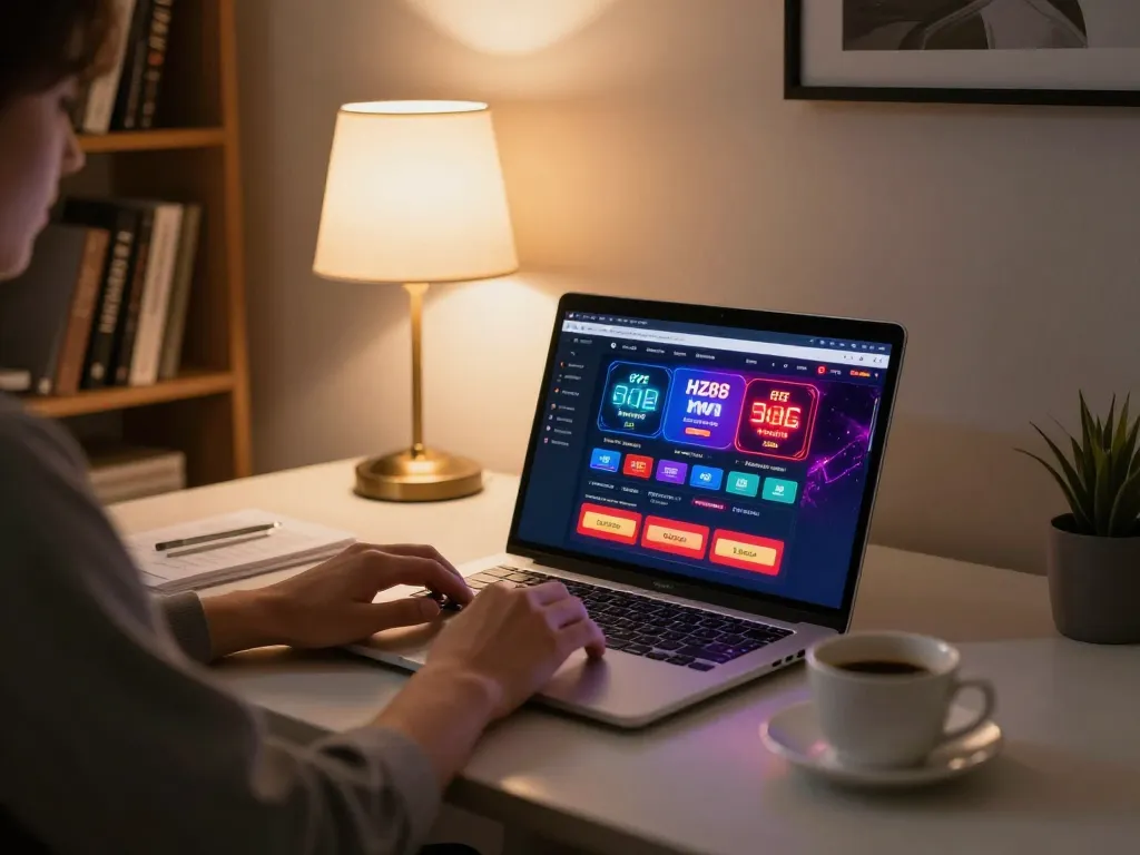 Engaged gamer exploring HZ88 online casino interface on laptop, creating interactive gaming experience.