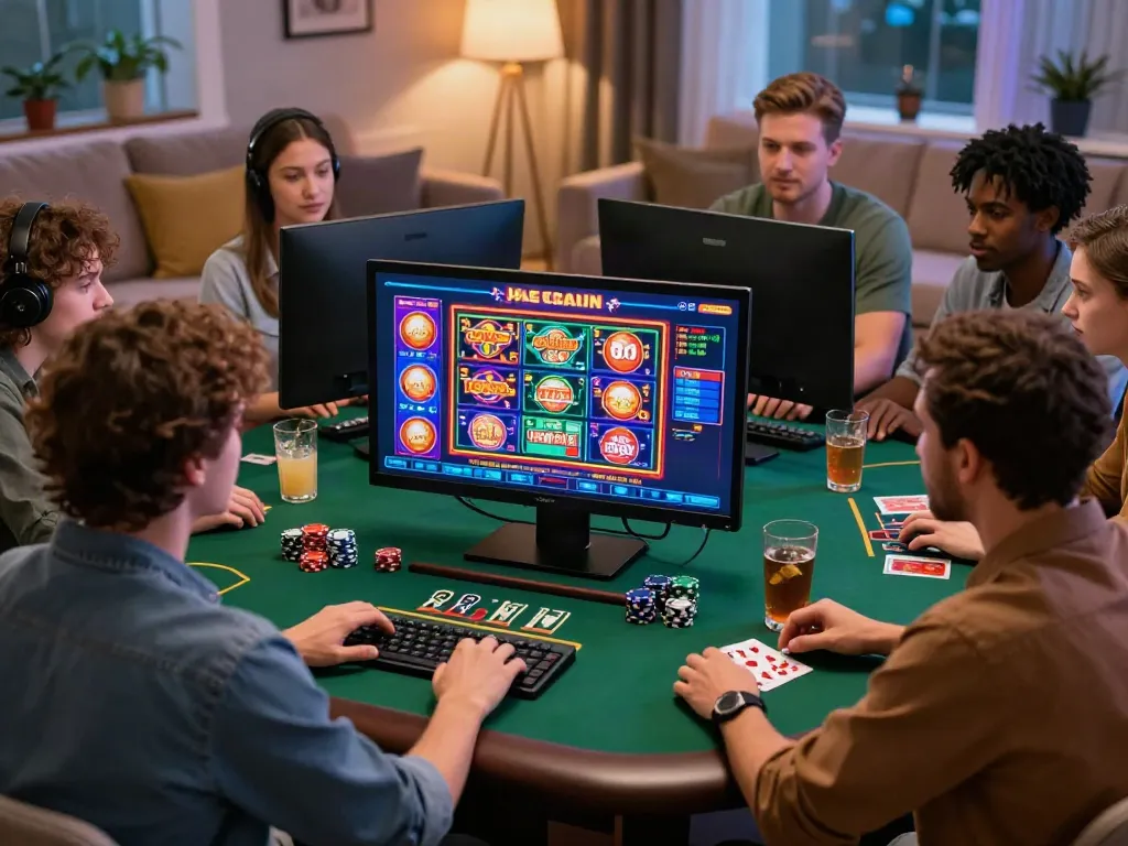 Friends strategizing at home for casinos not on Gamstop UK with vibrant game graphics.