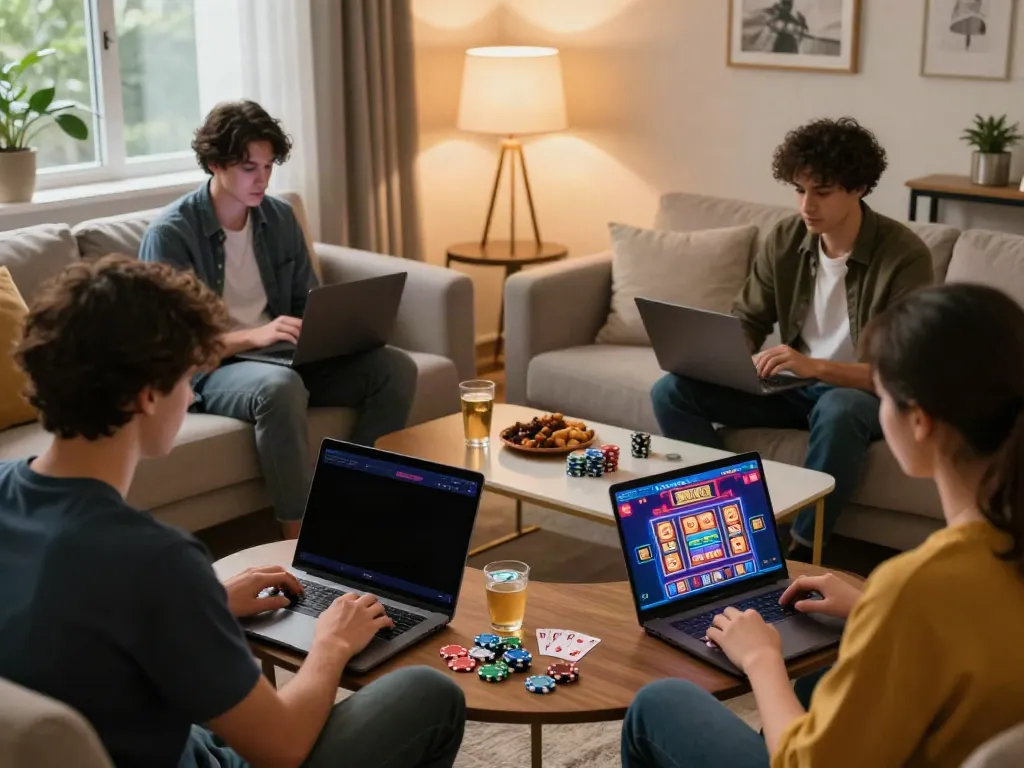Players enjoying casinos not on gamstop UK from a cozy living room setting with vibrant gaming elements.