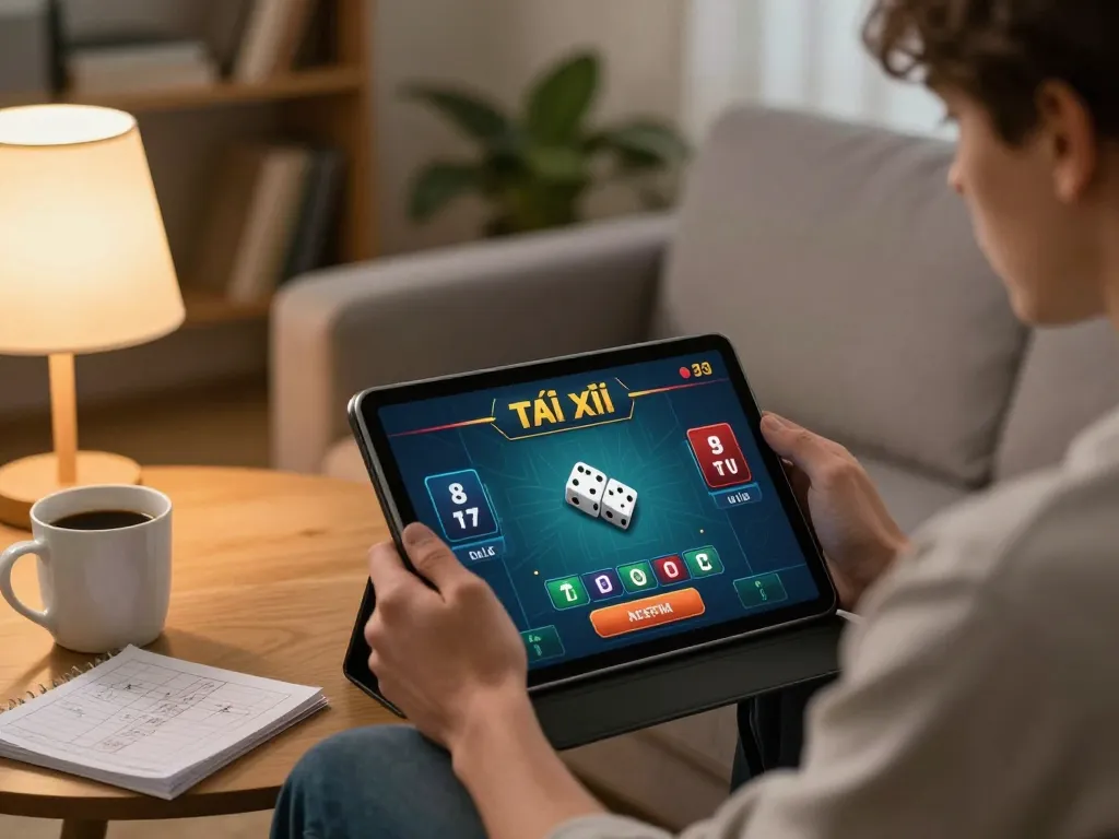 Tai Xiu Online gaming on a tablet at home, emphasizing gameplay strategy at taixiuonline8.