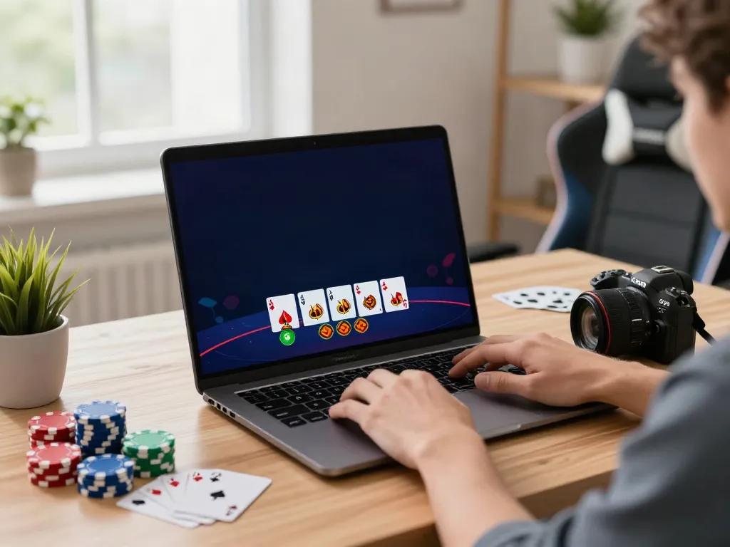 Exciting scene of online gaming with casinos not on gamstop uk, featuring a player at a laptop with poker chips and cards.