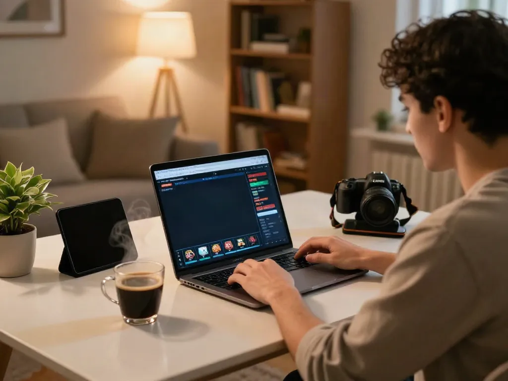 Gambler exploring casinos not on GamStop UK at home with laptop, coffee, and smartphone.